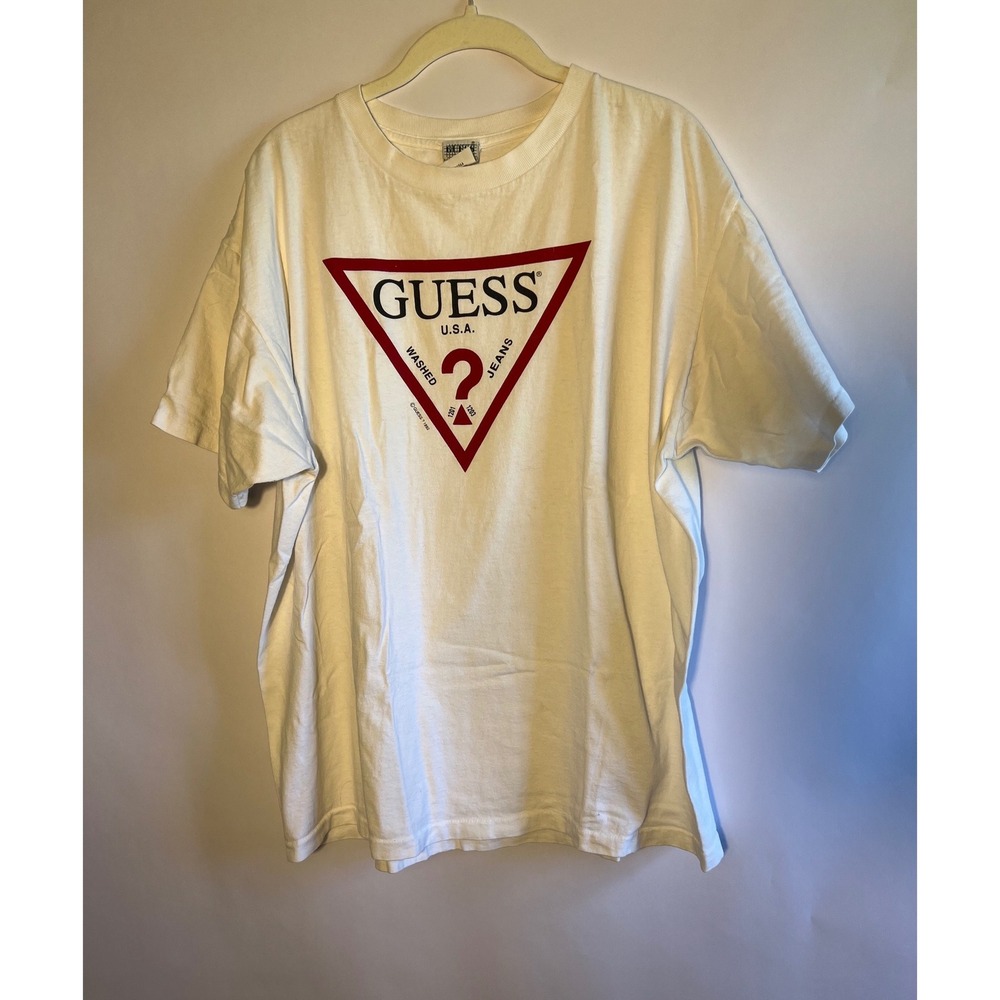 Vintage Guess Cotton White T Shirt 90s Red Logo Deadstock Unisex Large - Picture 1 of 5